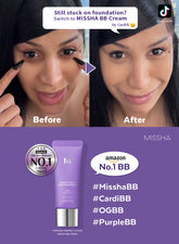 Advertisement for Missha BB Cream showing a 'Before' and 'After' effect on Cardi B's face, with product packaging displayed below.